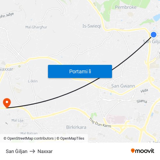 San Ġiljan to Naxxar map