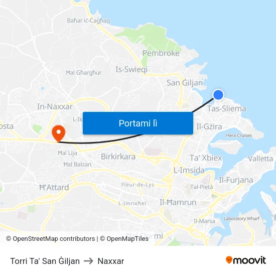 St. Julians Tower to Naxxar map