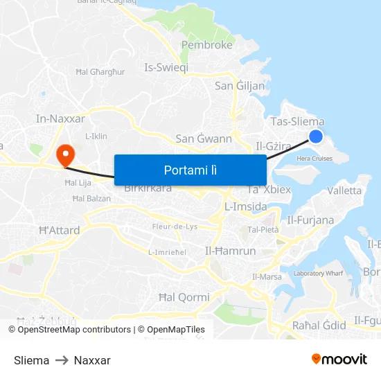 Sliema to Naxxar map