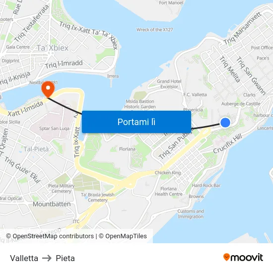 Valletta to Pieta map