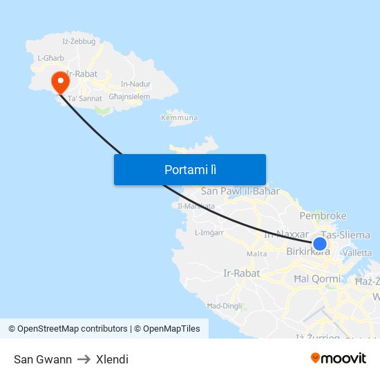 San Gwann to Xlendi map