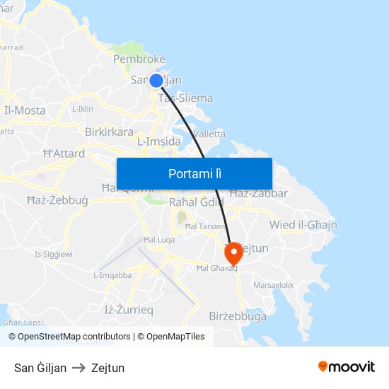 San Ġiljan to Zejtun map