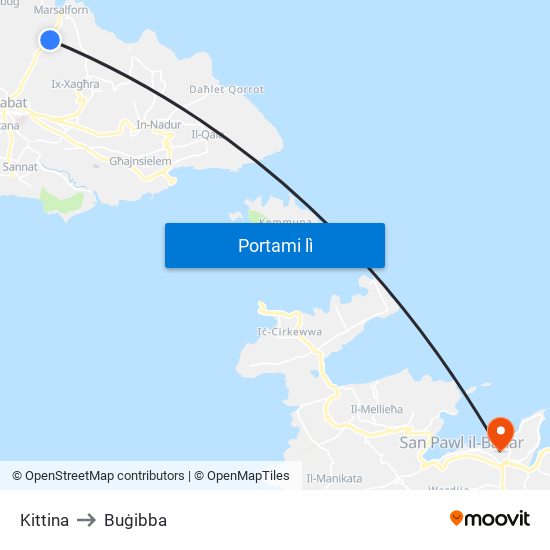 Kittina to Buġibba map