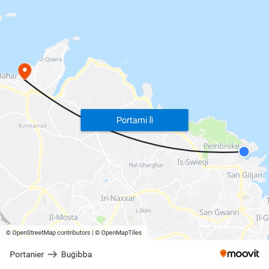 Portanier to Buġibba map