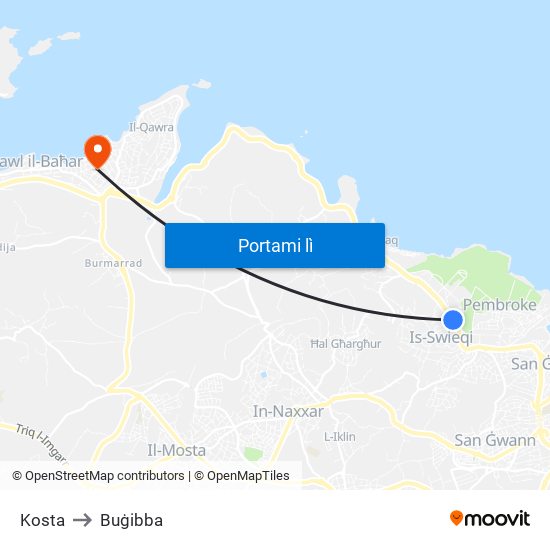 Kosta to Buġibba map
