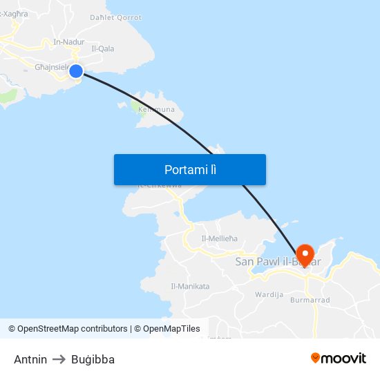Antnin to Buġibba map
