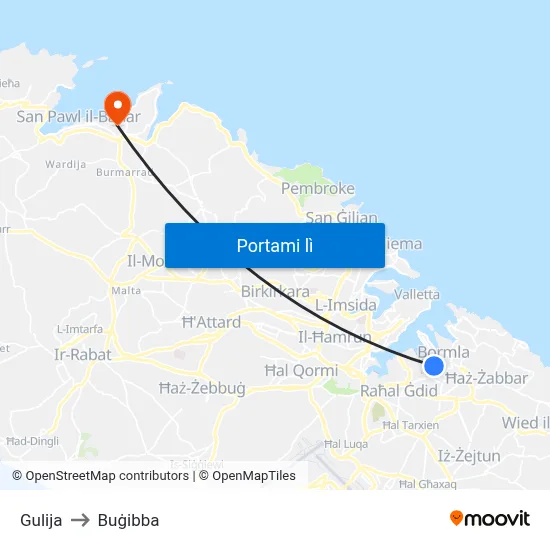 Gulija to Buġibba map