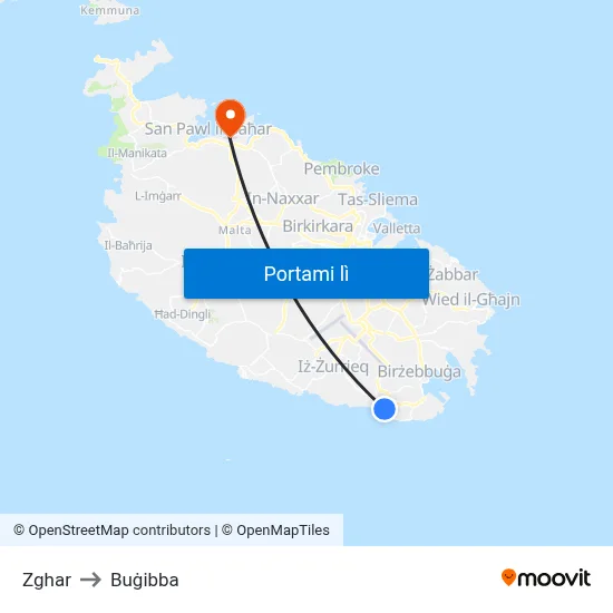 Zghar to Buġibba map