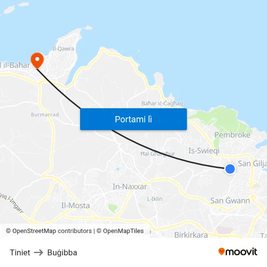 Tiniet to Buġibba map