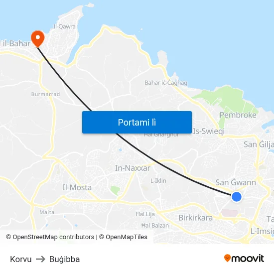 Korvu to Buġibba map