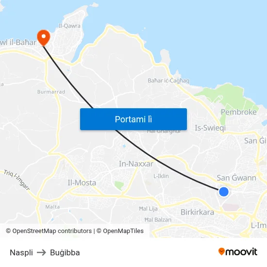 Naspli to Buġibba map
