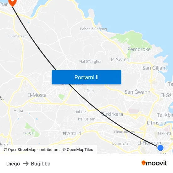 Diego to Buġibba map