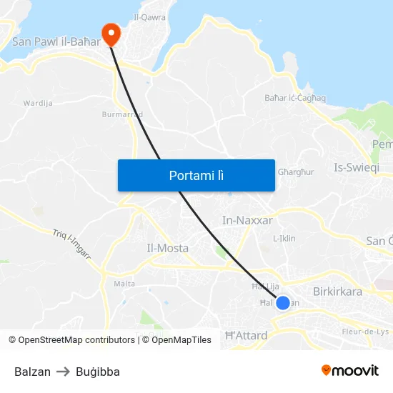 Balzan to Buġibba map