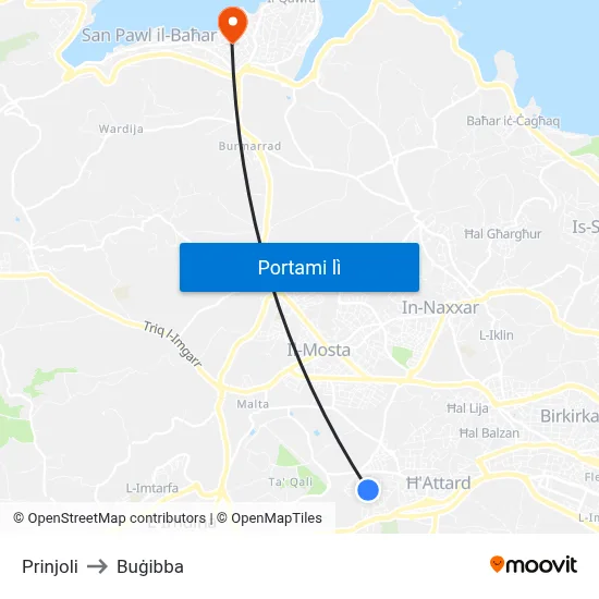 Prinjoli to Buġibba map