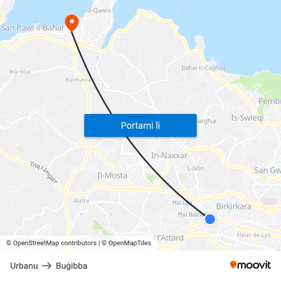 Urbanu to Buġibba map