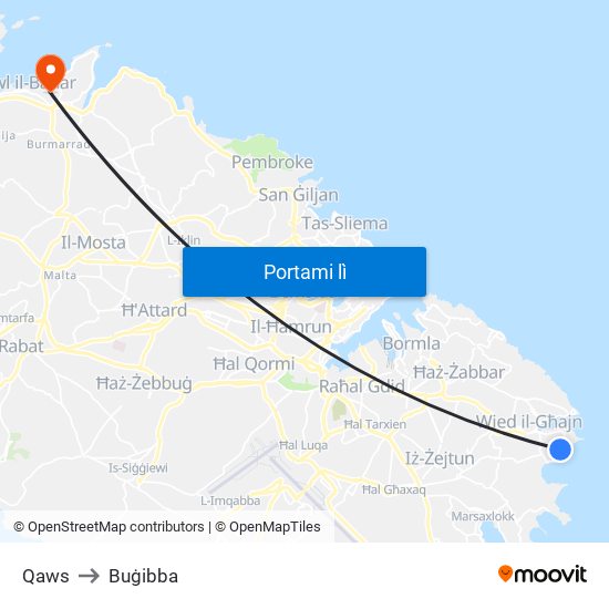 Qaws to Buġibba map