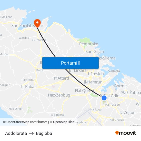 Addolorata to Buġibba map