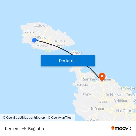 Kercem to Buġibba map