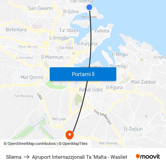 Sliema to Ajruport Internazzjonali Ta 'Malta - Wasliet map