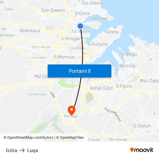 Gzira to Luqa map