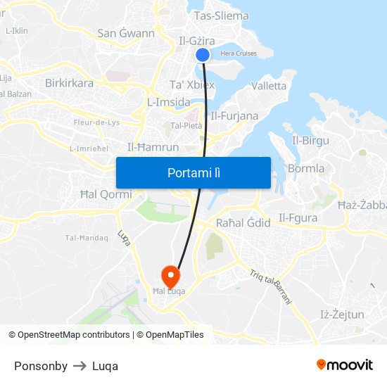 Ponsonby to Luqa map