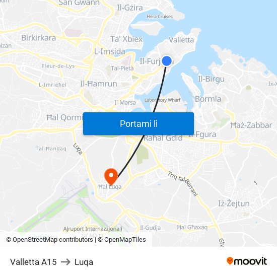 Valletta A15 to Luqa map