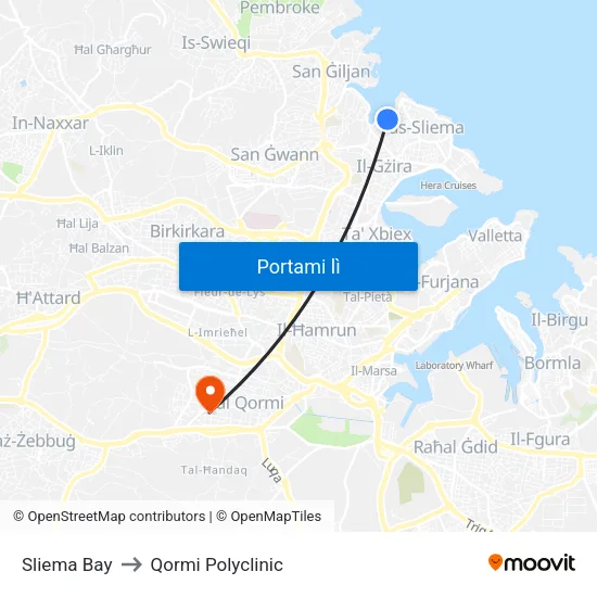 Sliema Bay to Qormi Polyclinic map
