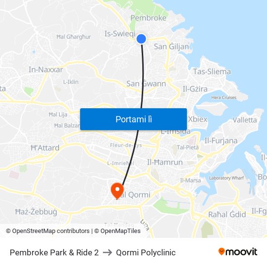 Pembroke Park & Ride 2 to Qormi Polyclinic map