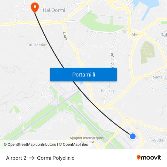 Airport 2 to Qormi Polyclinic map