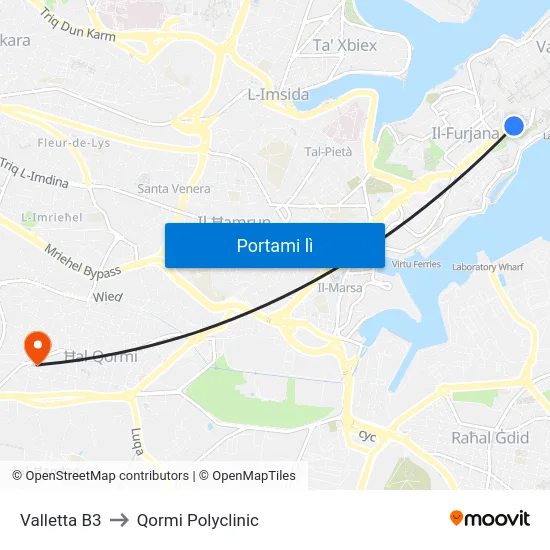 Valletta B3 to Qormi Polyclinic map