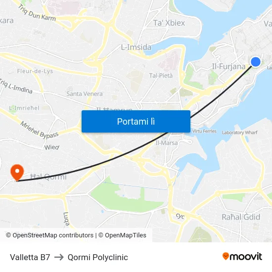 Valletta B7 to Qormi Polyclinic map