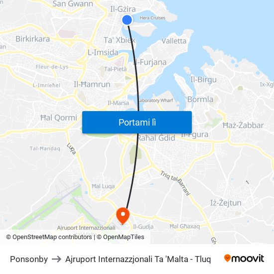 Ponsonby to Ajruport Internazzjonali Ta 'Malta - Tluq map