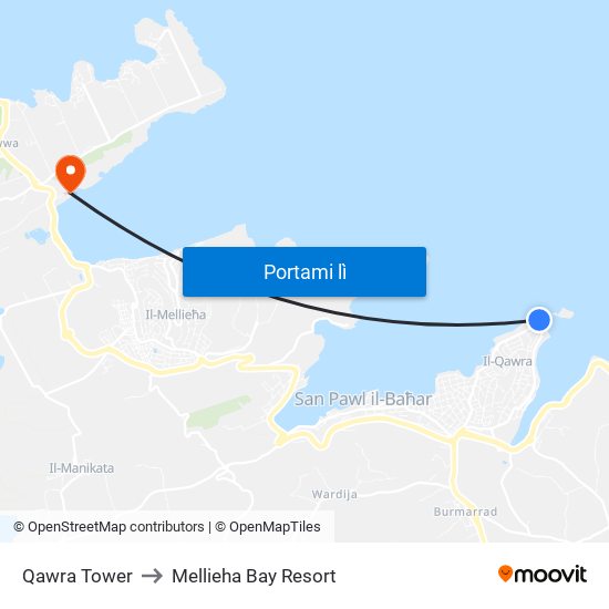 Qawra Tower to Mellieha Bay Resort map