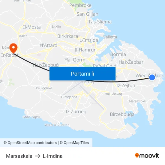 Marsaskala to L-Imdina map