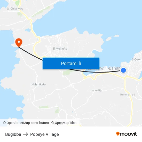 Buġibba to Popeye Village map