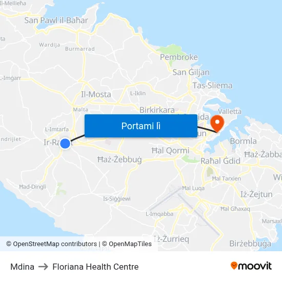 Mdina to Floriana Health Centre map