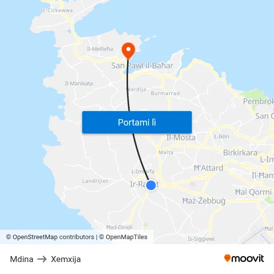 Mdina to Xemxija map