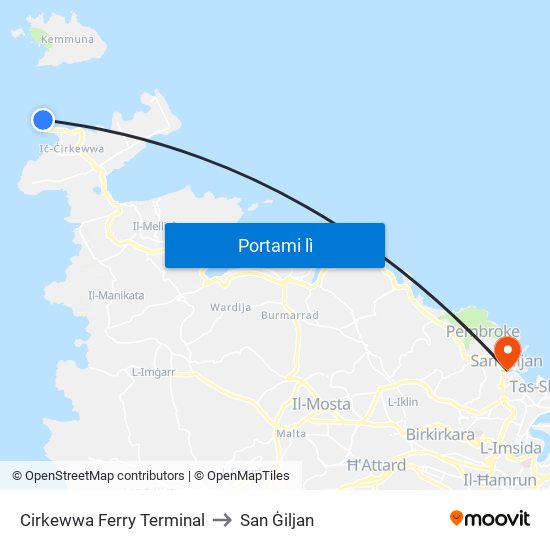 Cirkewwa Ferry Terminal to San Ġiljan map