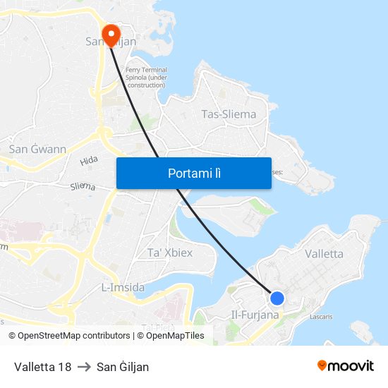 Valletta 18 to San Ġiljan map