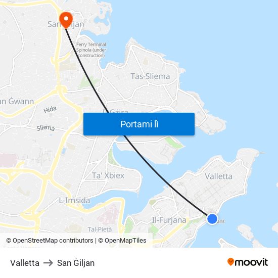 Valletta to San Ġiljan map