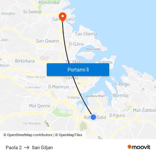 Paola 2 to San Ġiljan map