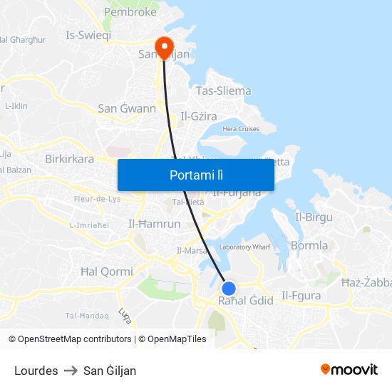 Lourdes to San Ġiljan map