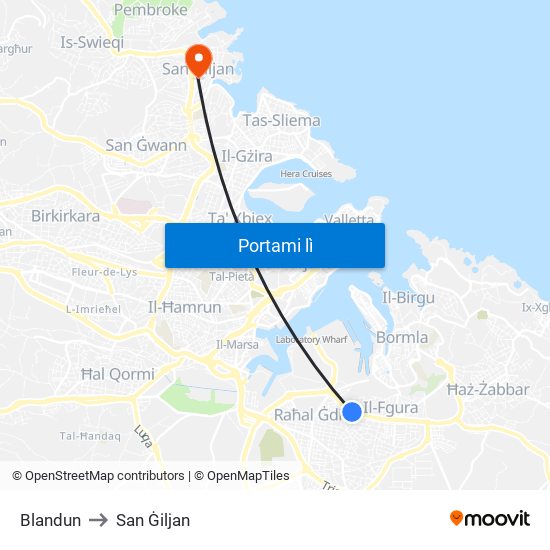 Blandun to San Ġiljan map