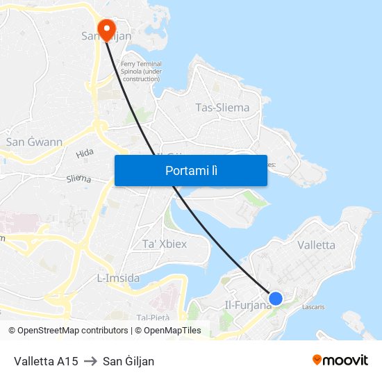 Valletta A15 to San Ġiljan map