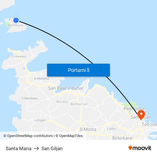 Santa Maria to San Ġiljan map