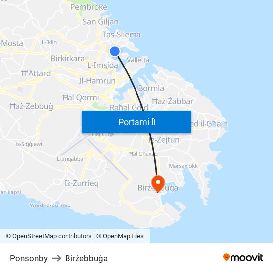 Ponsonby to Birżebbuġa map