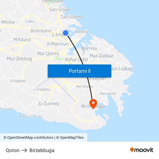 Qoton to Birżebbuġa map