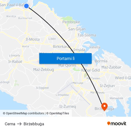 Cerna to Birżebbuġa map