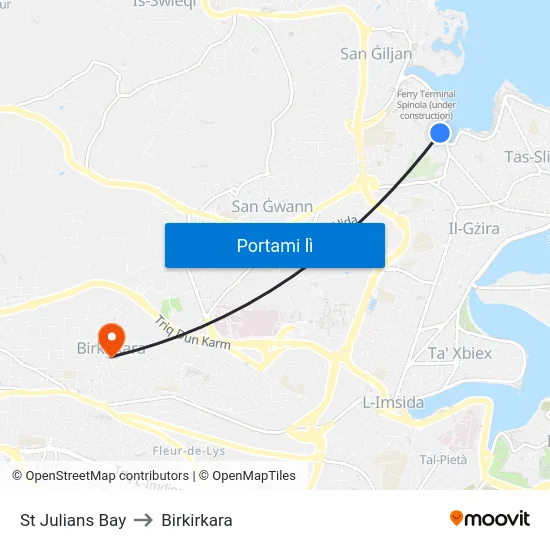 St Julians Bay to Birkirkara map