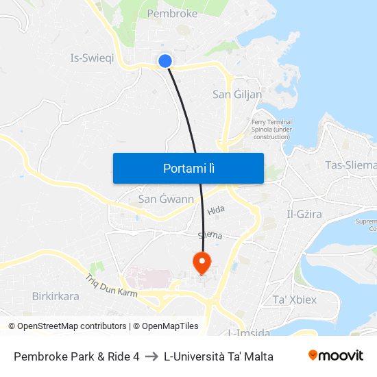 Pembroke Park & Ride 4 to L-Università Ta' Malta map